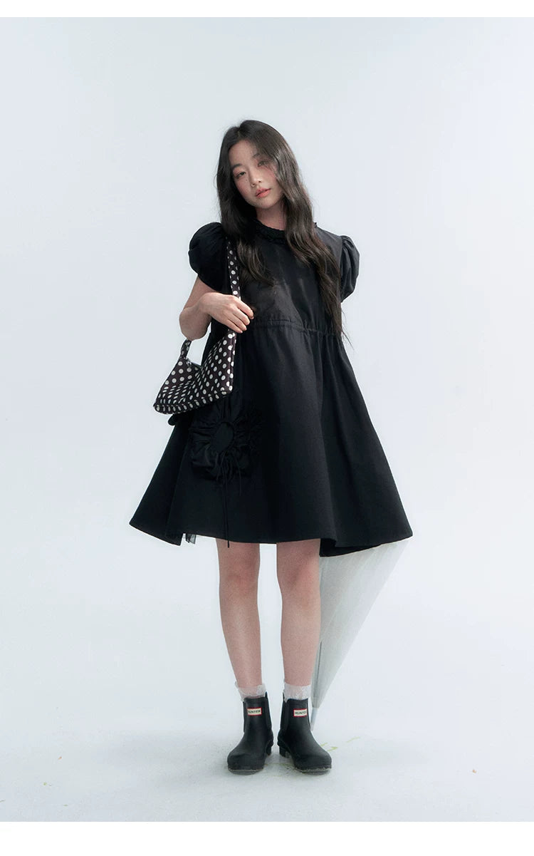 "Puff Doll Dress" Ruffle Trim Puff Sleeve Cotton A-Line Dress (White/ Black)