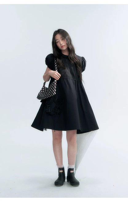 "Puff Doll Dress" Ruffle Trim Puff Sleeve Cotton A-Line Dress (White/ Black)