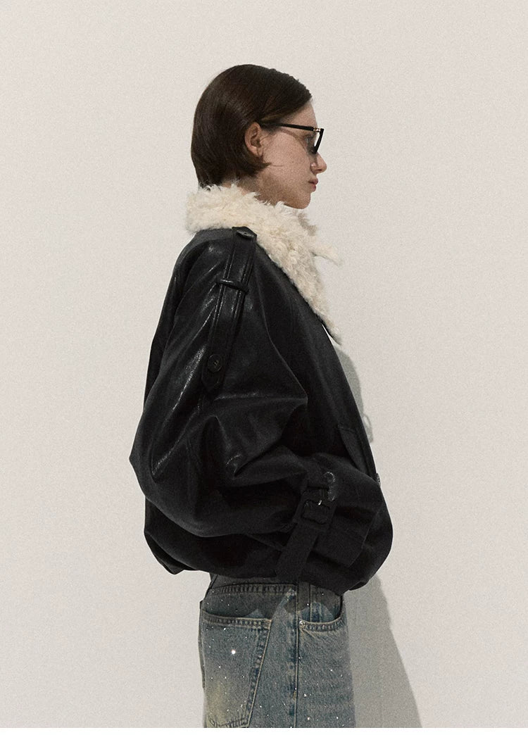 OAKMOO/ Cropped Faux Leather Shearling-Collar Jacket (Rich Black / Hazelnut Khaki)