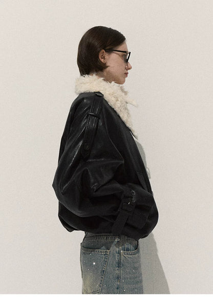 OAKMOO/ Cropped Faux Leather Shearling-Collar Jacket (Rich Black / Hazelnut Khaki)