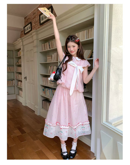 [RF] “Pink Camellia” Cherry Red Plaid Bow Two-Piece Set