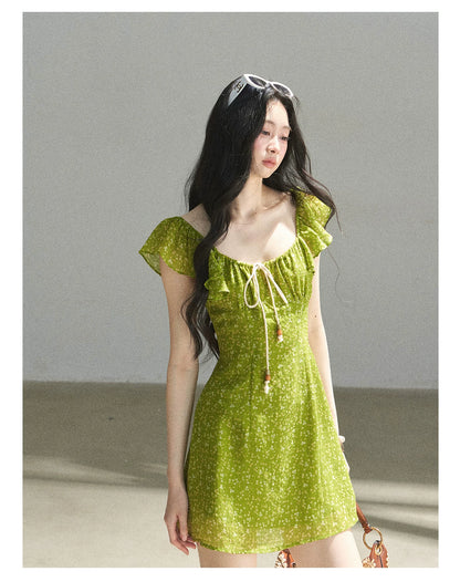 "Emerald Breeze" Primrose Green Floral Chiffon Mini Dress