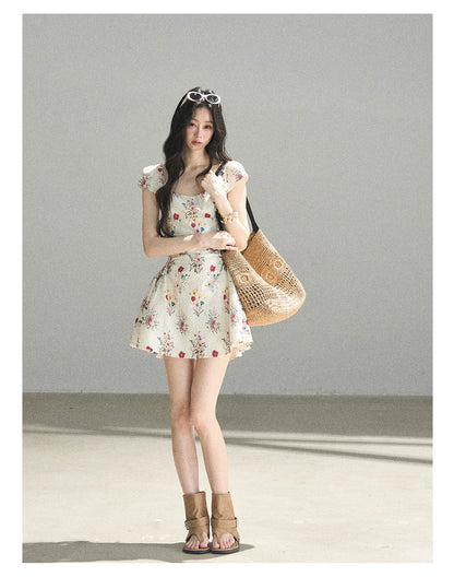 "Bloom Before Dawn" Dutch Cream Embroidered Floral Chiffon Mini Dress