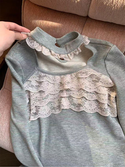 阮阮自制 - Satin Knot Mist Gray Lace-Panel Knit Base Top