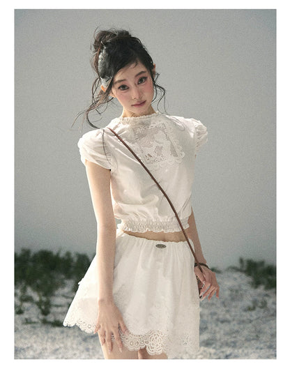 "Rose Petals in Secret" Cloud White Lace Two-Piece Skirt Set 142453