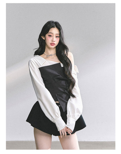 少也眼 "Gossip Senior Muse" Faux-Layered French Asymmetric Shoulder Blouse 56485652