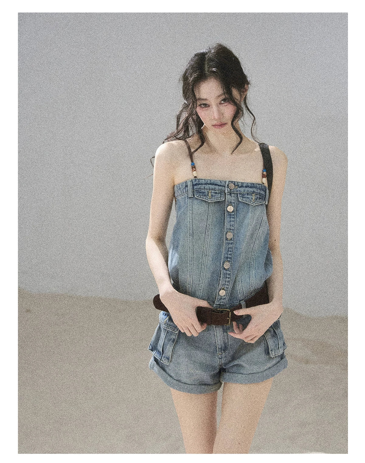 "A Walk by the Sea" Collegiate Blue Denim Utility Romper (With Belt)