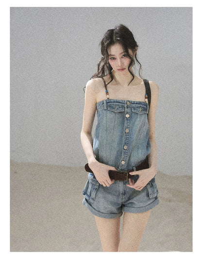 "A Walk by the Sea" Collegiate Blue Denim Utility Romper (With Belt)