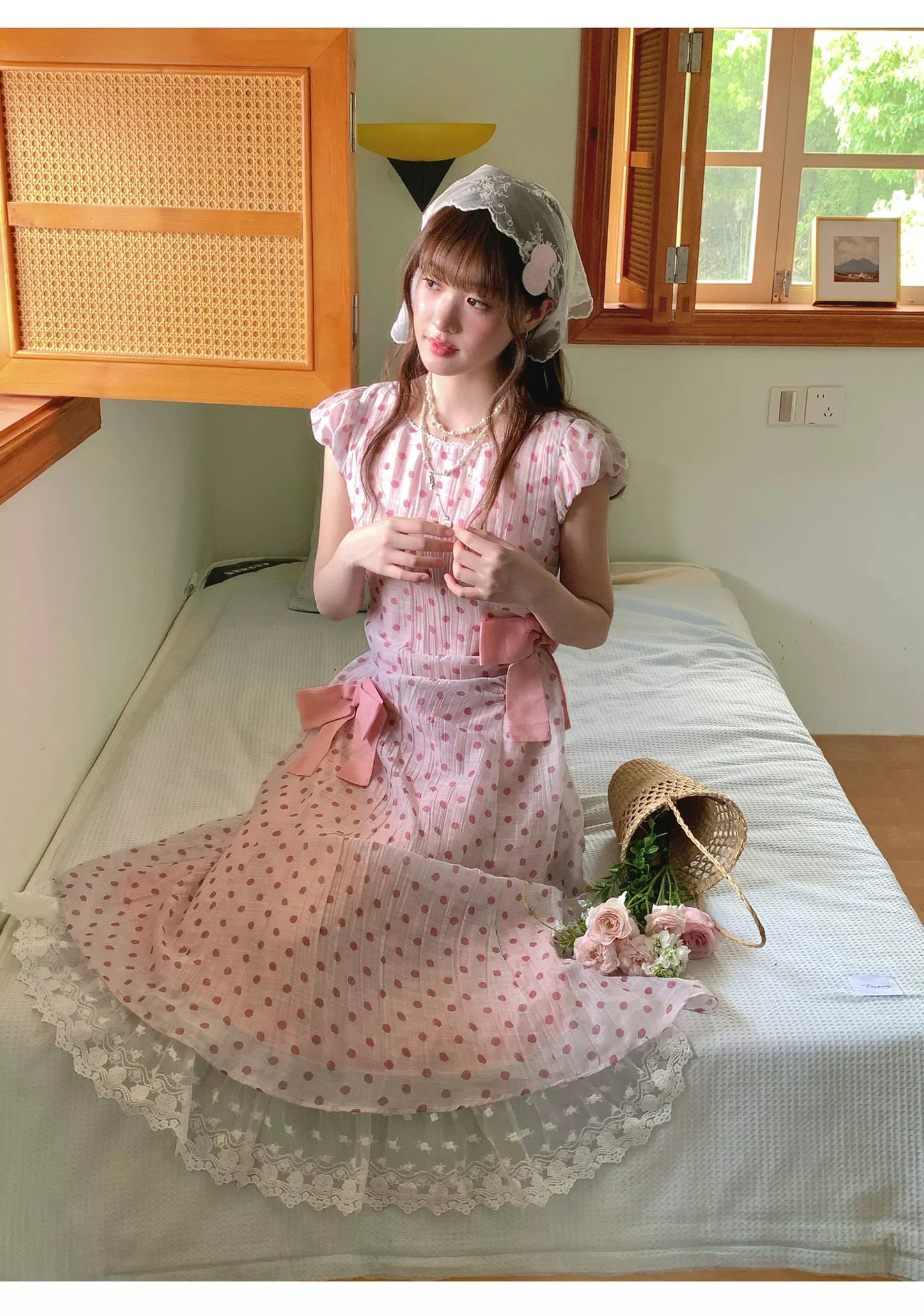[RF] “Pink Mist Polka” Vintage Polka Dot Maxi Dress