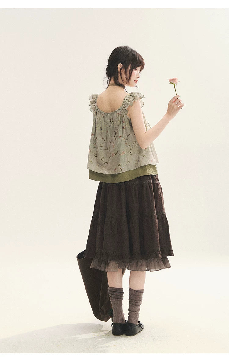 "Enchanted Forest" Moss Green Floral Lace Ruffle Cami Top