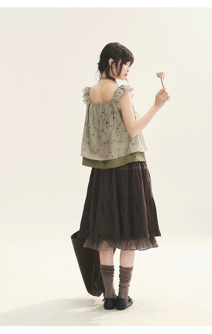 "Enchanted Forest" Moss Green Floral Lace Ruffle Cami Top