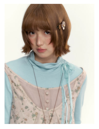 “Mint Milk Pudding” Mint Blue Lace-Trimmed Mock Neck Knit Top