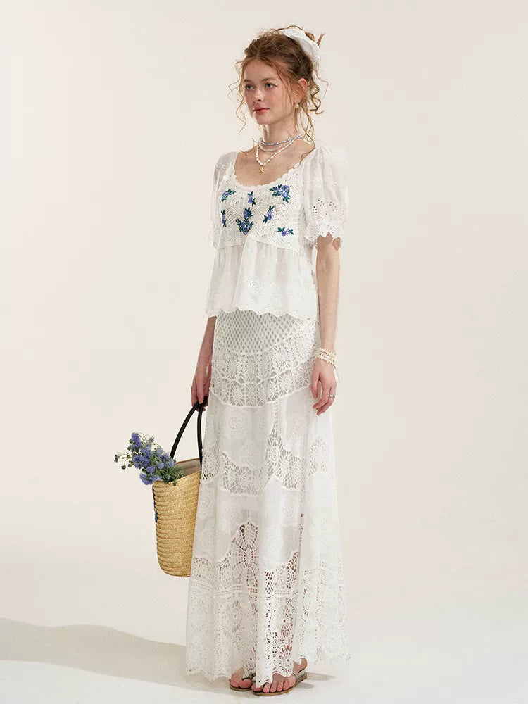 White Floral Embroidery Crochet-Detail Blouse