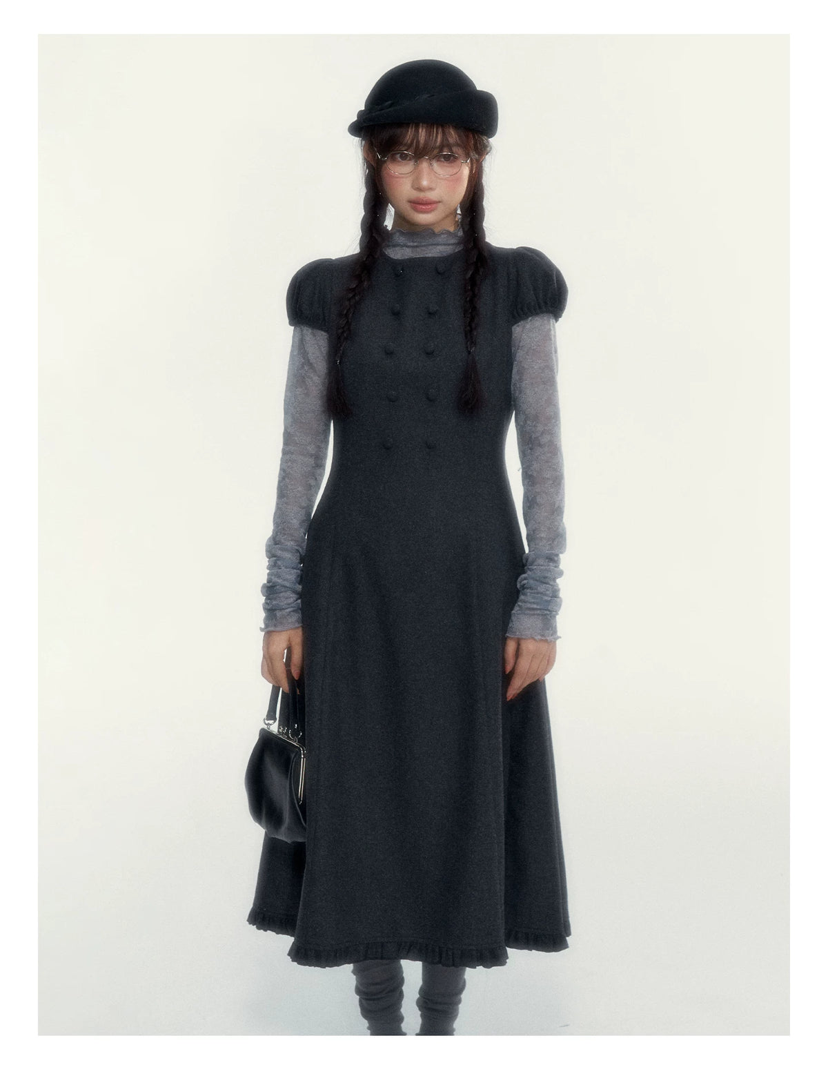 Vintage Double-Breasted Wool Dress & Knit Fringe Cape Set