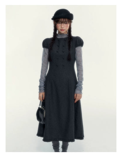 Vintage Double-Breasted Wool Dress & Knit Fringe Cape Set