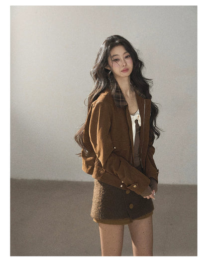 AOMALM - Gray Caramel Cropped Fitted Long Sleeve T-Shirt
