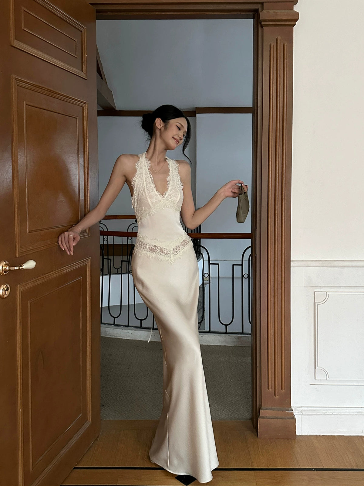 VENUIE - Champagne Satin Lace-Trim Halter Mermaid Maxi Dress