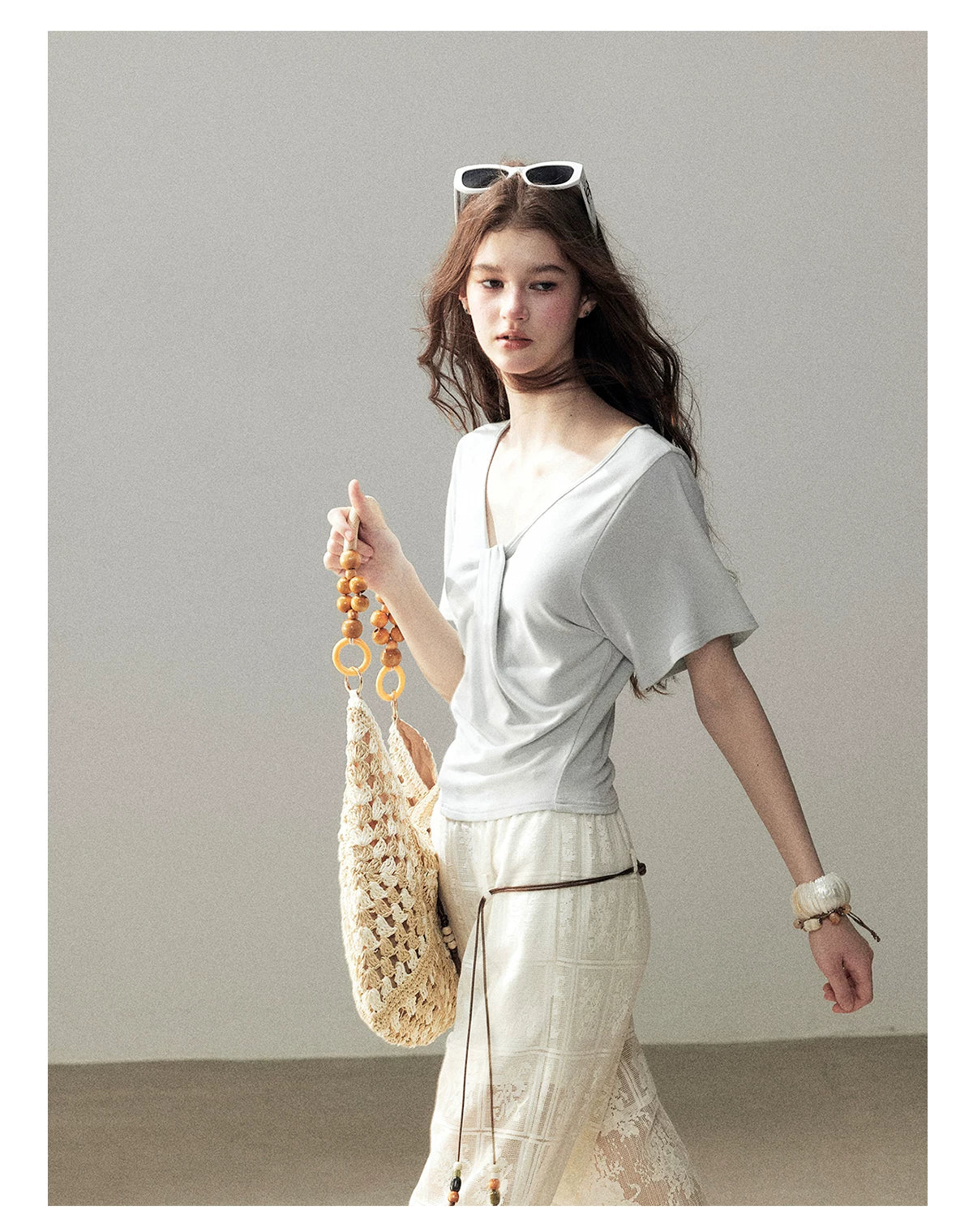 "Moonlight on Water" Twist-Front Cropped T-Shirt (Silver Mink Gray/ Mist Blue)