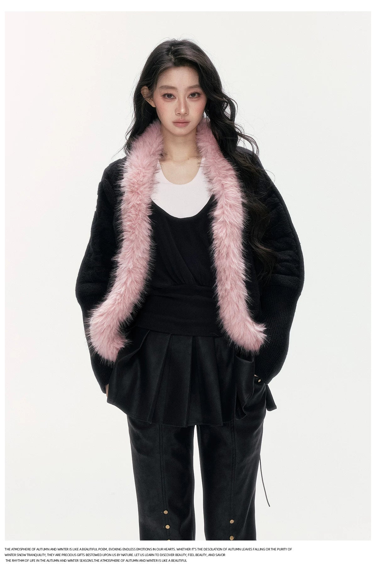 24olvides - Black Pink Cable Knit Cardigan with Detachable Faux Fur Collar