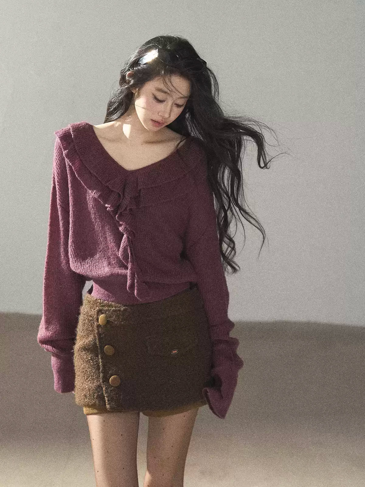 AOMALM - "A Softer Breath" Midnight Purple Ruffle V-Neck Sweater