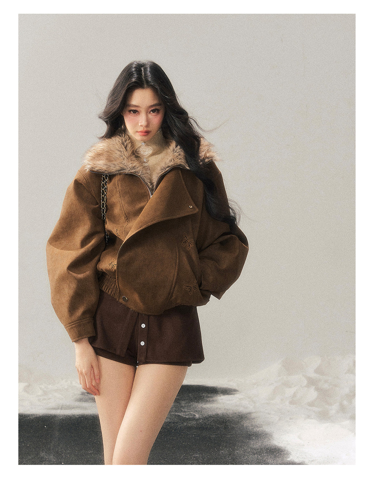 少也眼 "Cloud Veils Over the Mountains" Hepburn-Style Padded Faux Suede Butterfly Coat