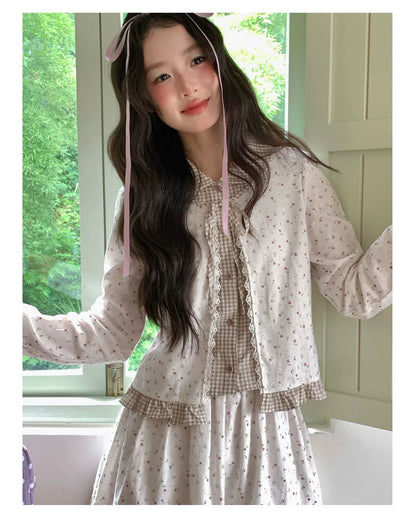 [RF] “Meadow Tea Party” Ivory & Light Brown Plaid Layered Blouse & Skirt Set
