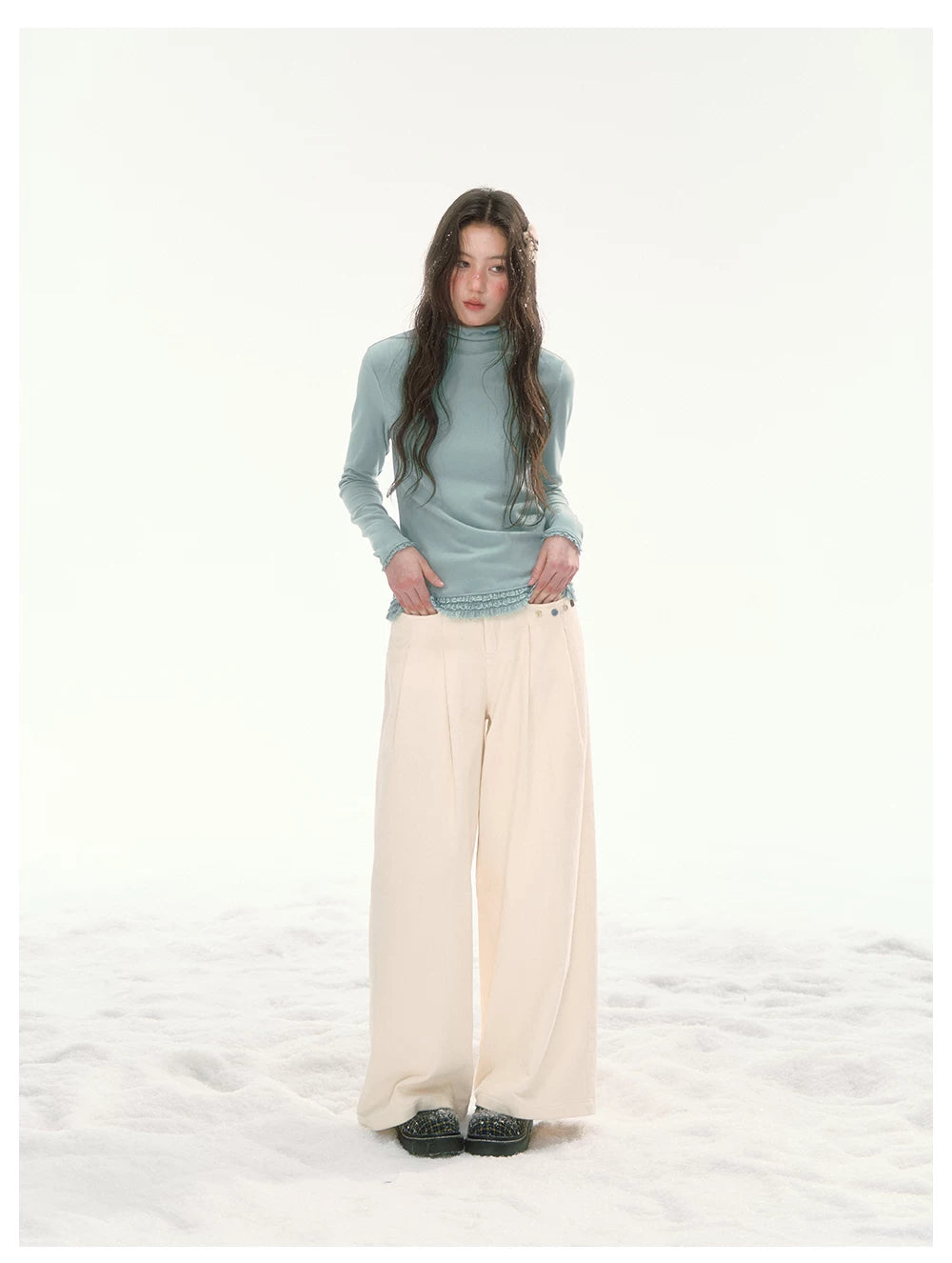 CANSTORE - "Bean Paste & White Peach" Ivory Corduroy Wide-Leg Trousers