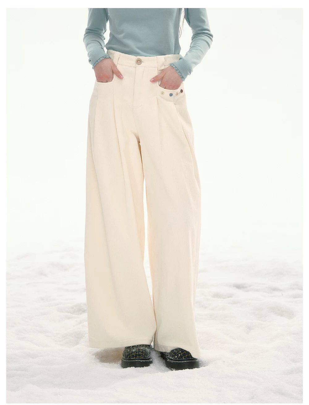 CANSTORE - "Bean Paste & White Peach" Ivory Corduroy Wide-Leg Trousers