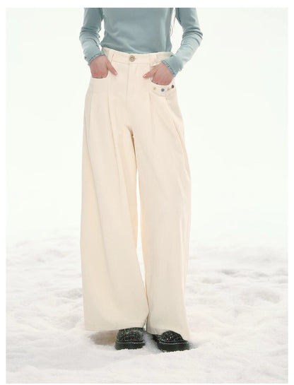 CANSTORE - "Bean Paste & White Peach" Ivory Corduroy Wide-Leg Trousers