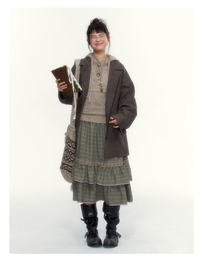 Dried Grass Green Vintage Lace Tiered A-Line Skirt