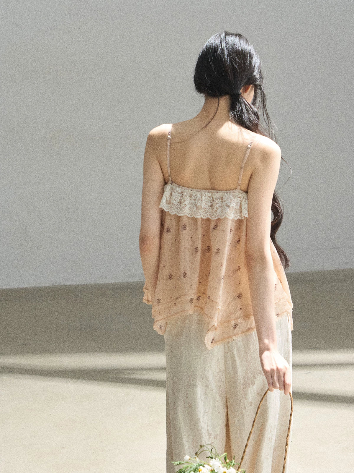"Orange-Scented Dusk" Toasted Rice Beige Asymmetrical Lace Cami