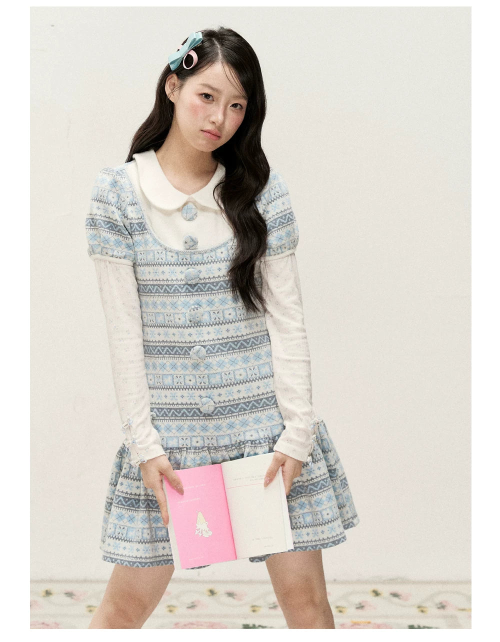 [RF] Vintage Geometric Jacquard Peter Pan Collar Knit Dress with Ruffle Hem
