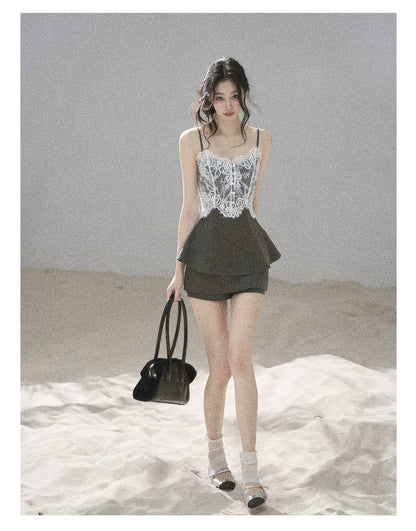 "Exclusively Hers" Intellect Gray Lace Cami & Skort Set