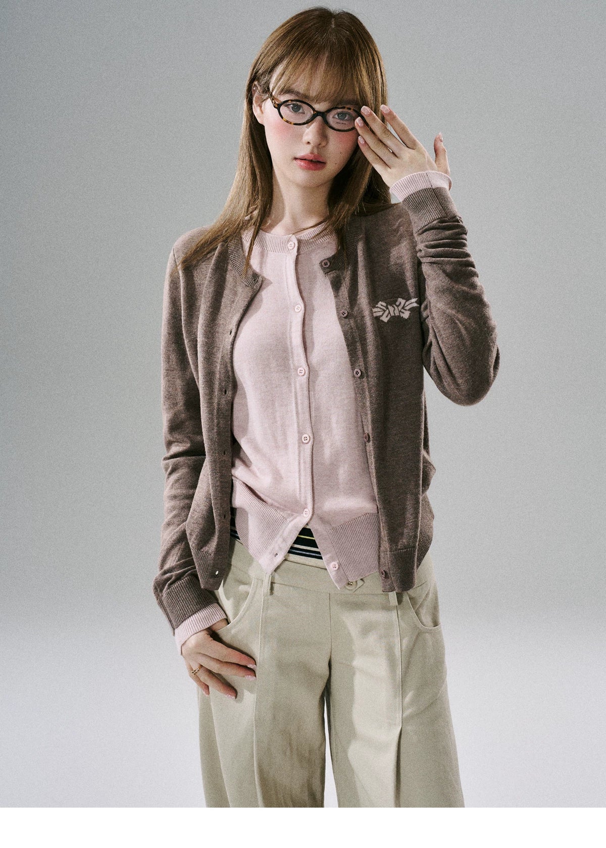 LOST FOREST - Brown Pink Bow Layered Cardigan
