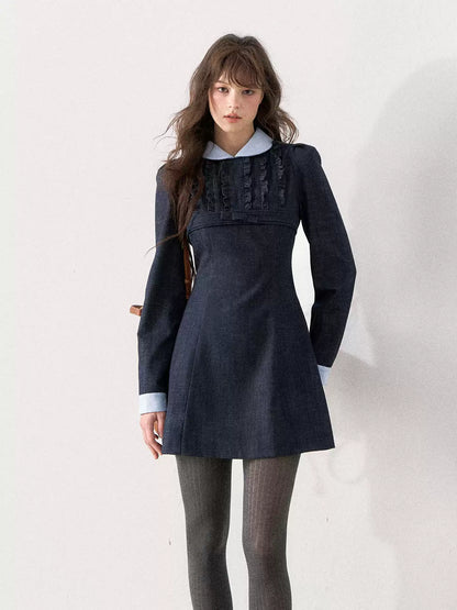[TMMG] French Vintage Deep Navy Faux Two-Piece Ruffle Dress