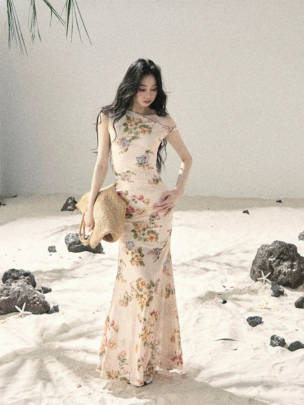 "Waiting for Blossoms" Dutch Cream Floral Mermaid Maxi Dress 43236