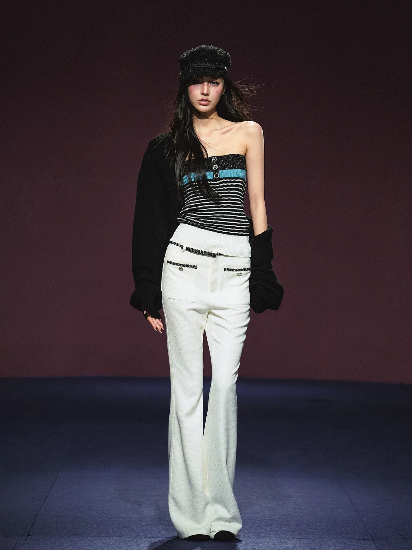 Ivory Contrast Belt Shimmer Knit Flared Pants