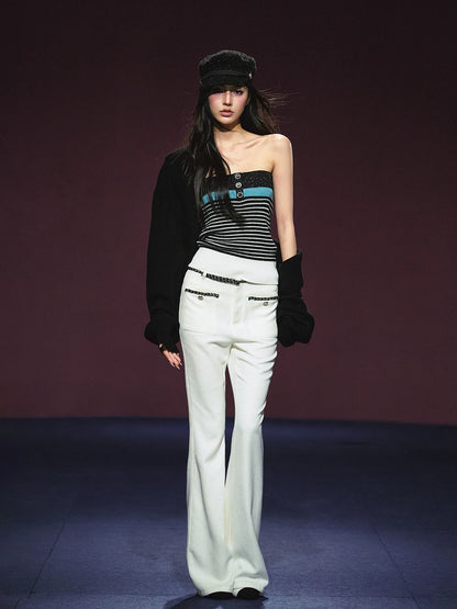 Ivory Contrast Belt Shimmer Knit Flared Pants
