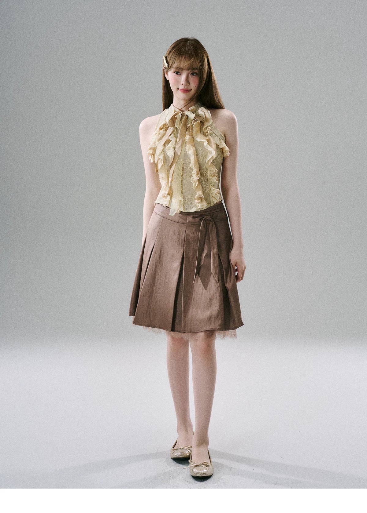 LOST FOREST - Warm Gold Acetate Lace Ruffle Halter Top