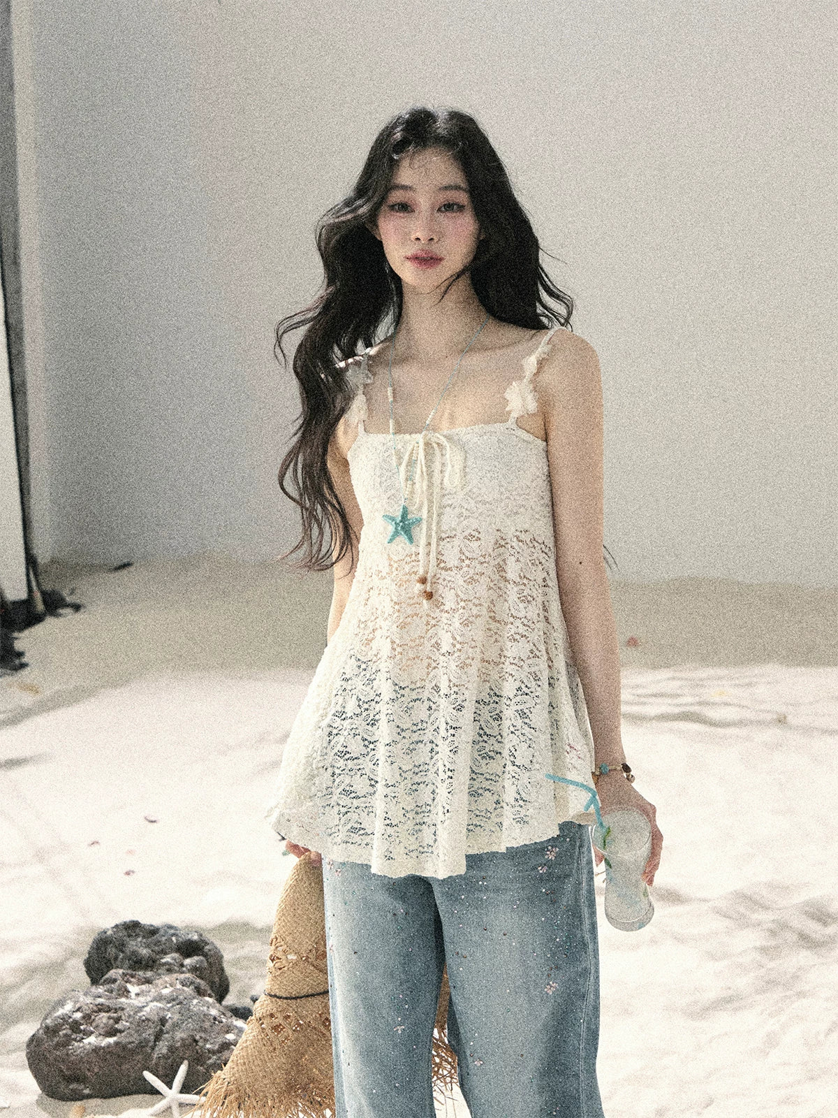 "Morning Mist" Frost White Lace Sheer Cami Top 65123