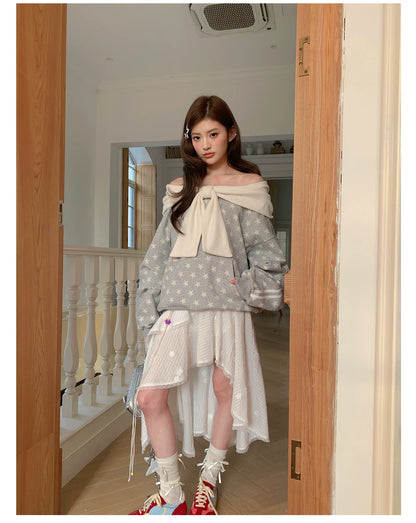 “Starlit Ribbon Reverie” Grey Off-Shoulder Hoodie