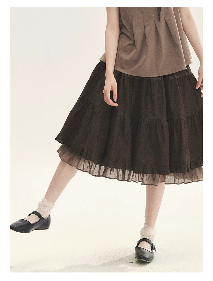 "Faded Bloom" Deep Brown Red Lace Trim Tiered A-Line Skirt