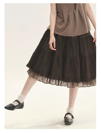 "Faded Bloom" Deep Brown Red Lace Trim Tiered A-Line Skirt