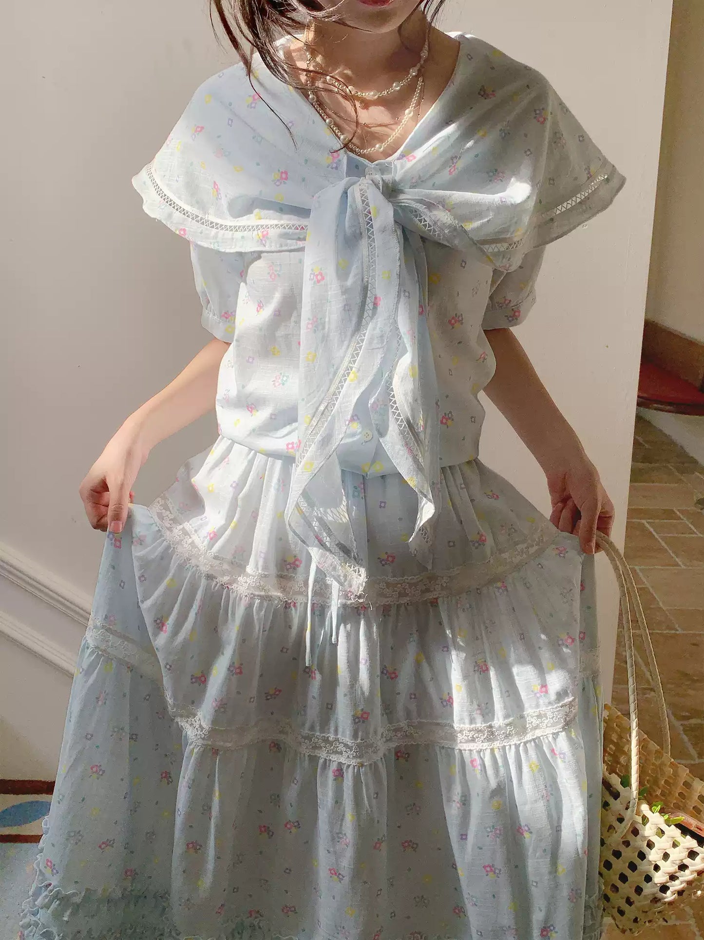 “Blue Blossom Chronicle” Ice Blue Floral Skirt Set