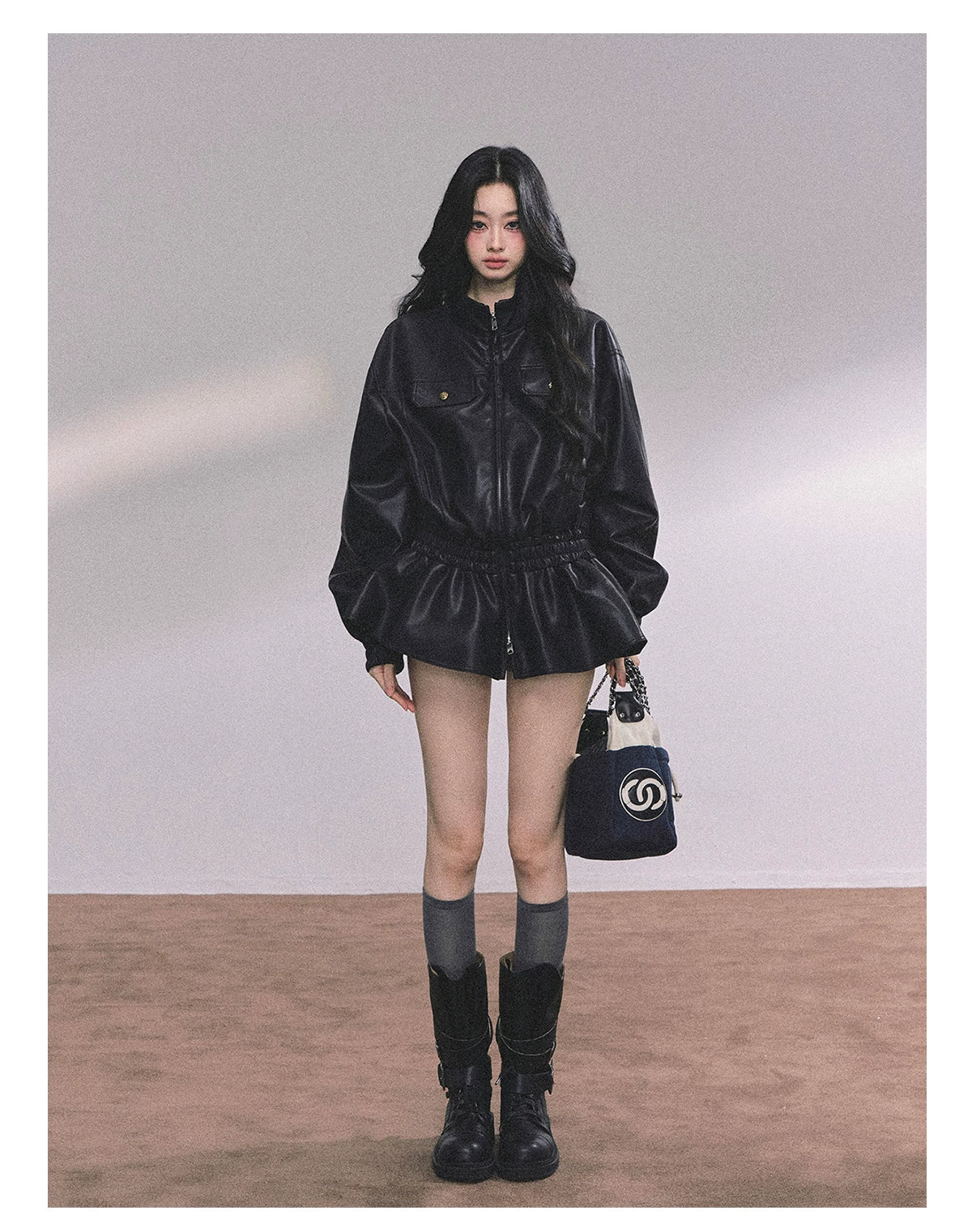 AOMALM - Burgundy PU Suede Jacket & A-Line Shorts Set