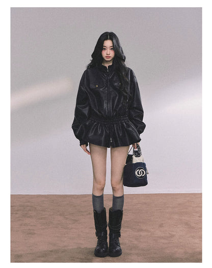 AOMALM - Burgundy PU Suede Jacket & A-Line Shorts Set