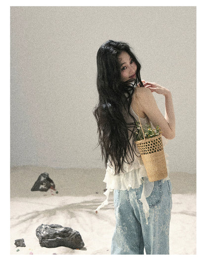 "Moonlight Across the Lake" Pale Goose Yellow Chiffon Mesh Sleeveless Crop Top