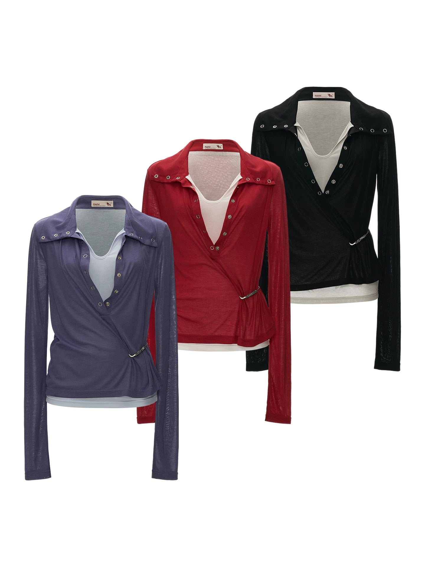 Layered Deep V Polo Long Sleeve Top (Purple/ Red/ Black)