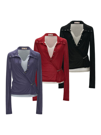 Layered Deep V Polo Long Sleeve Top (Purple/ Red/ Black)