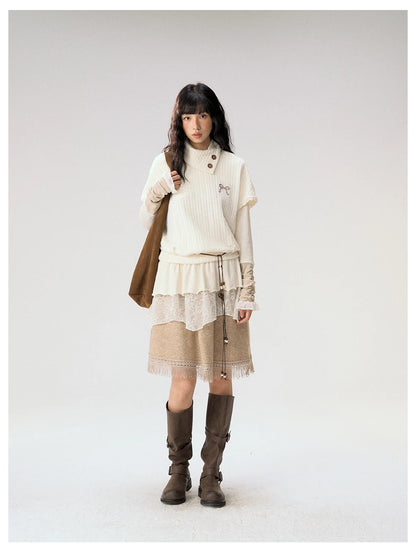 [CAN] "Cloud Knit Reverie" Ivory Cable Knit Bow Embroidered Vest